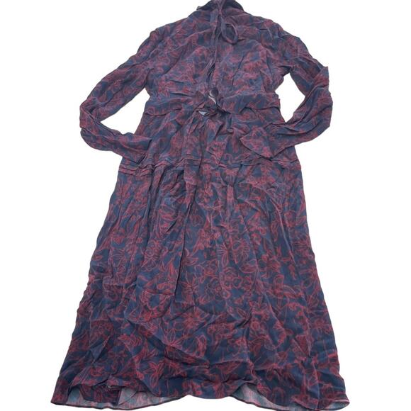 Jason Wu Dress Womens 2 Blue Red Floral Chiffon Shirt Collared Midi Tie Neck - Picture 4 of 11